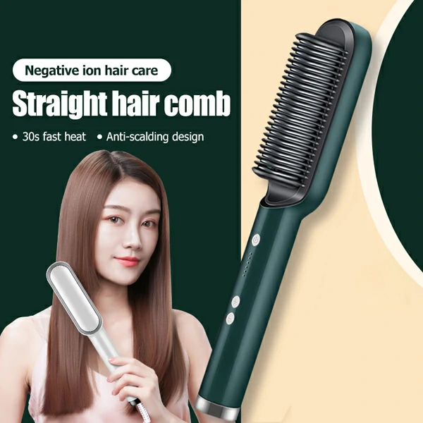 Professional Electric Hair Straightener Brush Heated Comb Straight & Curly Styling Tool